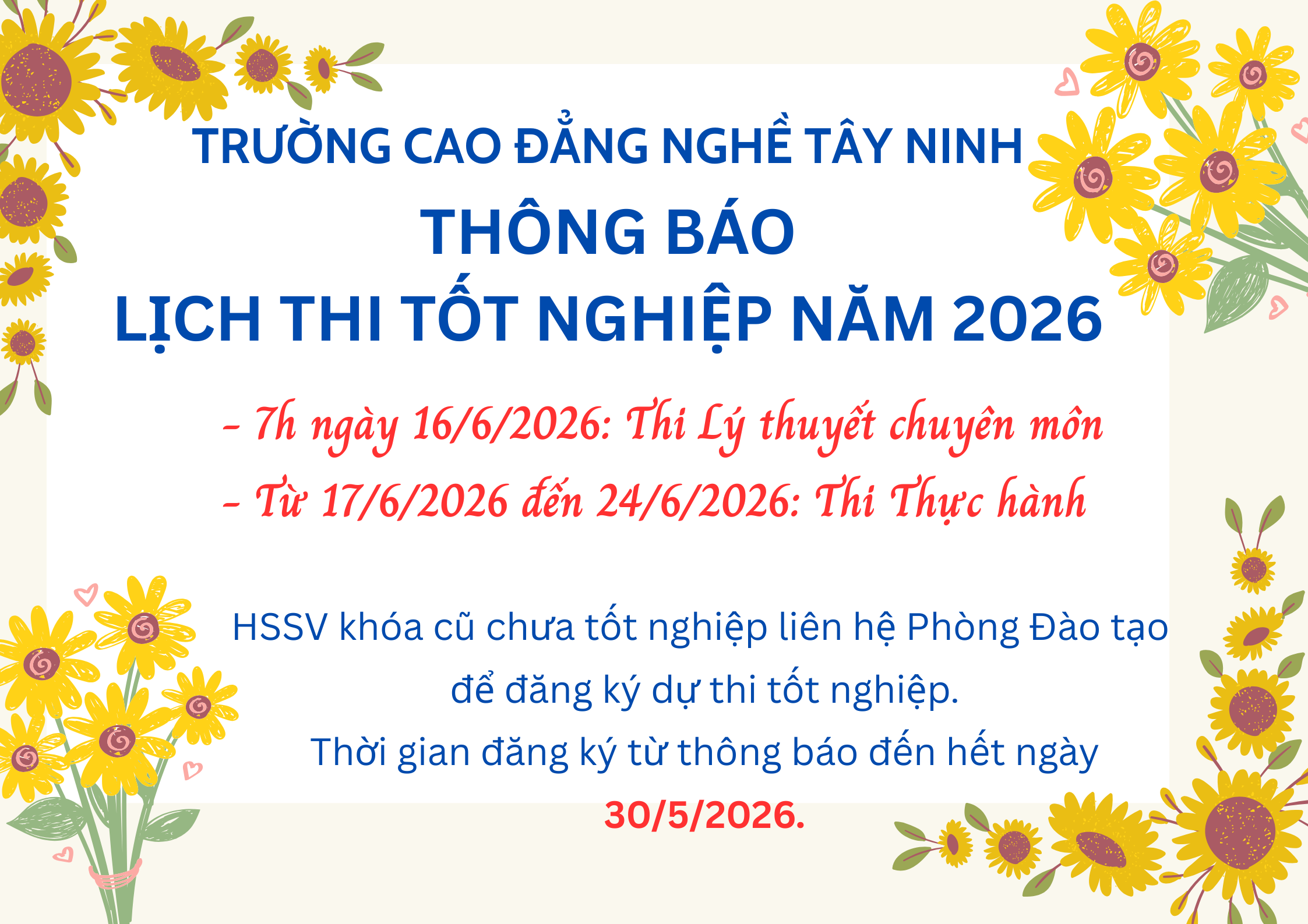 Lịch thi tốt nghiệp năm 2026
